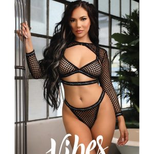 BARBED WIRE FISHNET BRALETTE, LONG SLEEVE SHRUG & PANTY BLACK, L/XL