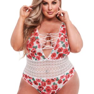 WHITE FLORAL & LACE TEDDY, QS