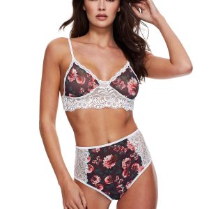 GREY FLORAL & LACE BRA SET, M/L