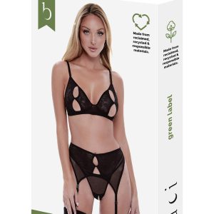 BACI 3 PCS ECO PEEK-A-BOO BRA, GARTER & PANTY SET BLACK, M/L