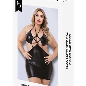 CRISS CROSS WETLOOK HALTER MINI DRESS BLACK, QS