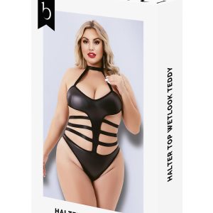 HALTER TOP WETLOOK TEDDY BLACK, QS