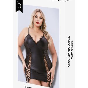 LACE-UP WETLOOK MINI DRESS BLACK, QS